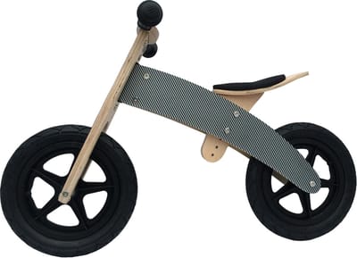 Broozzer luxe houten loopfiets CARBON FIBRE met ABEC 9 lagers en SPECIAAL gevulde rubberen luchtwielen 12 inch Zwart / Wit / Carbon