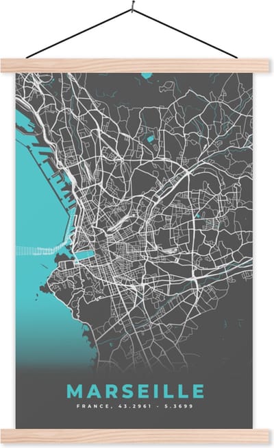 Posterhanger incl. Poster 40x60 cm - Schoolplaat - Marseille - Frankrijk - Plattegrond - Stadskaart - Kaart - Textielposter - Blanke latten - Stadskaart