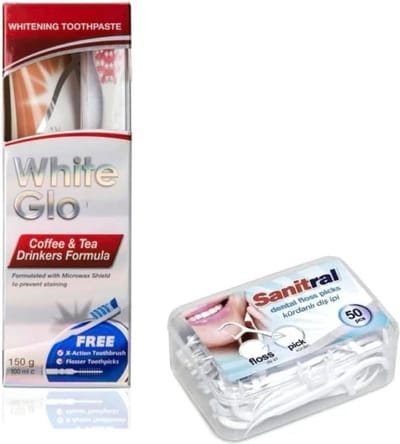 White Glo Premium Koffie- en Theedrinkformule Intense Extra Whitening Tandpasta en tandenborstel 100 ml (met Sanitral 50 Floss Sticks als cadeau inbegrepen)