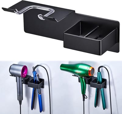 Föhnhouder zonder boren, föhnhouder, metalen föhn en stijltang, föhnhouder voor aan de muur zonder boren, föhnhouder, haardrogerhouder, stijltang, opslag voor badkamer (zwart)