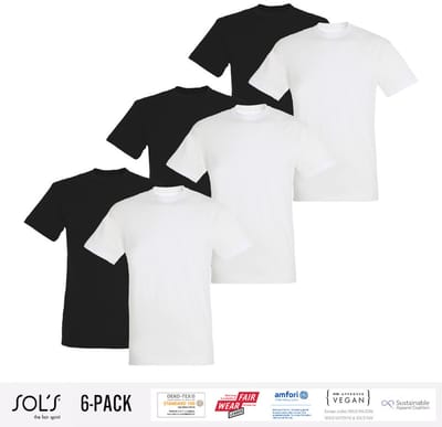 6 Pack Sol's Heren T-Shirt 100% biologisch katoen Ronde hals Zwart en Wit Maat XL