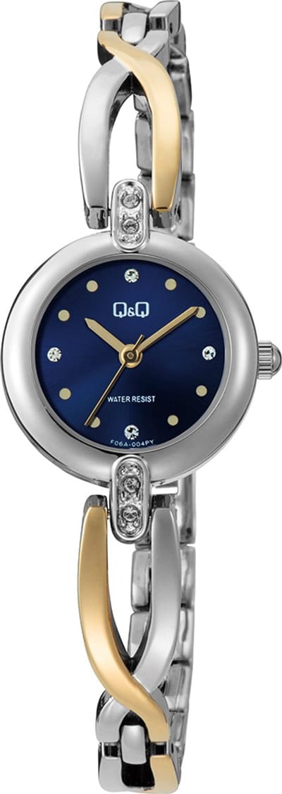 Q&Q F06A-004PY - Horloge - Polshorloge - Analoog - Vrouwen - Dames - Metalen band - Rond - Metaal - Stippen - Zilverkleurig - Goudkleurig - DonkerBlauw