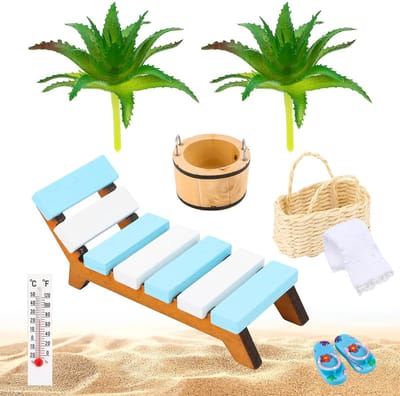Dailygoods- Sauna Accessoires Miniatuurset - Wellness Decoratie - 9 Delen - Ligstoel/Pantoffels - Thermometer/Waskom - Doe-het-zelf Decoratie - Hoogwaardig Hout - Miniatuurdecoratie
