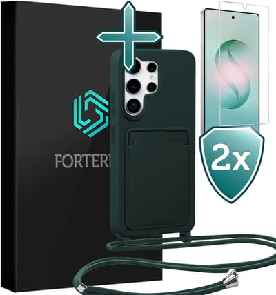 Hoesje Geschikt voor Samsung S26 Ultra Case Siliconen Hoes Met Koord Met 2x Screenprotector - Hoes Geschikt voor Samsung Galaxy S26 Ultra Met Telefoonkoord Hoesje Backcover - Donkergroen