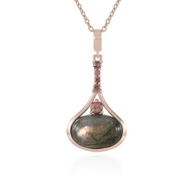 Cavill - Halsketting Zilver Roségoudverguld - 925 Sterling Zilver - Labradoriet 3,88 ct Ovaal Cabochon - Oranje Zirkonia - Elegant Dames Sieraad