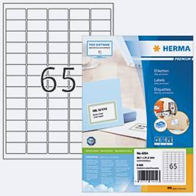 Herma Premium adresetiketten 4254, permanent klevend, bedrukbaar, B 21,2 x H 38,1 mm, 6500 stuks/100 A4-vellen, FSC®-papier, wit