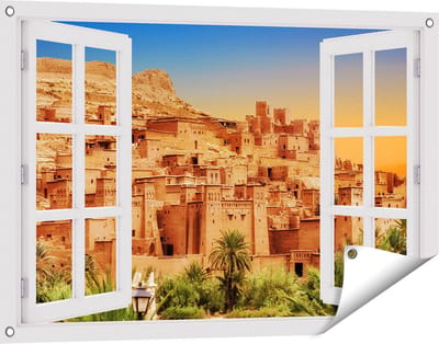 Gards Tuinposter Doorkijk Kasbah Ait Ben Haddou Stad in Marokko - 90x60 cm - Tuindoek - Tuindecoratie - Wanddecoratie buiten - Tuinschilderij