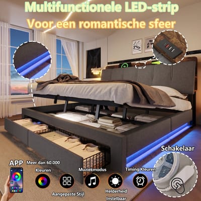 VVBV Gestoffeerd Opbergbed met Hydraulische Opbergruimte 180x200 cm - LED-Verlichting - Linnen Grijs - Zonder Matras