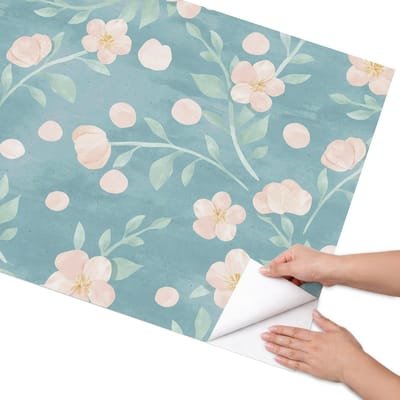Coloray Meubel Wrap Folie - Turkoois Meubelfolie - 75x150 cm - Meubel Wrap Folie Bloemenmotief - Plakfolie Meubels - Waterverf Meubelfolie - Decoratiefolie Zelfklevend - Slaapkamer decoratie - Bloemen en planten