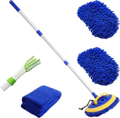 Auto Wasborstel Set - Dweil en Doek - Voertuig Reinigen - Verstelbare Lange Steel - 2 Dweilkoppen - Blauw