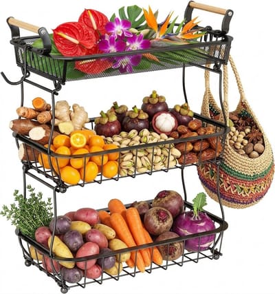 Fruitmand 3 lagen met bananenhangers - Groot metalen fruitschaal voor keukenaanrecht - Voor fruit, groente, snacks en cupcakes - Zwart
