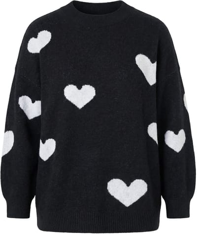 Studio Untold - Dames - Trui oversized HEARTS-motief lange mouw - Zwart - Maat 42+