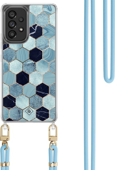 Casimoda® hoesje met koord - Geschikt voor Samsung A53 - Blue Cubes - Afneembaar koord - TPU/polycarbonaat - Blauw