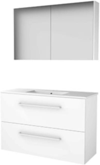 Basic-Line Comfort 39 Badkamermeubelset - Ondiep - 100 x 39 cm - Met Grepen - 2 Lades - Keramische Wastafel - 1 Kraangat - Spiegelkast - Ice White