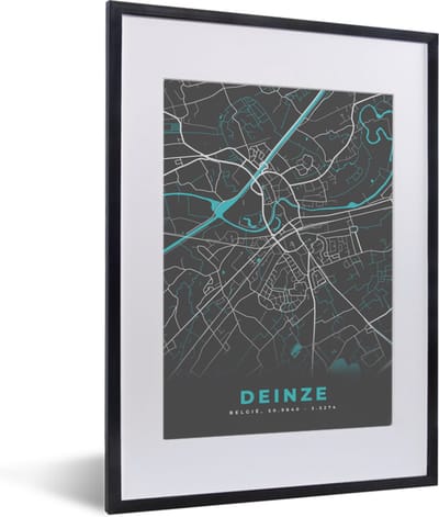 Fotolijst incl. Poster - Plattegrond – Deinze – Blauw – Stadskaart - Kaart - 30x40 cm - Posterlijst