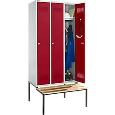 Schäfer Shop Genius Kledinglocker met zitbank, 3 compartimenten, 300 mm compartimentbreedte, cilinderslot, lichtgrijs/robijnrood