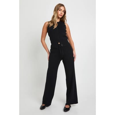 boohoo Dames Superzachte geribde gebreide vest en wijde pijpenbroek co-ord | Black | Maat: Small