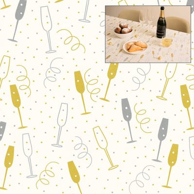 Airlaid Tafelkleed – 140 x 220 cm – Champagne & Feestdesign – Wit met Goud/Zilver – Perfect voor Oud & Nieuw