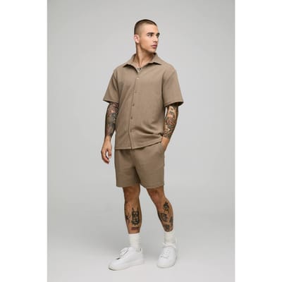 Korte mouw jersey regulier visgraat overhemd en shortset | Taupe | Size 3XL