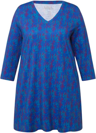 Ulla Popken - Dames - Longshirt batikpatroon A-lijn V-hals 3/4-mouwen - Blauwgrijs - Maat 62+