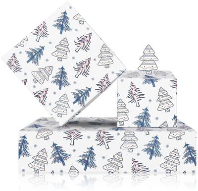 Dailygoods- Inpakpapier Feestdagen - 4 Vellen 50x70 cm - Cartoon Kerstboom/Rode Ballen - Winter Geschenkverpakking - Creatief voor Ambachten - Blauw/Wit Kleurenschema - Cadeaupapier