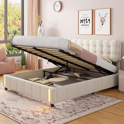 Elegant tweepersoonsbed, hoofdbord met bloemenmotief, beige fluwelen bekleding, LED-gestoffeerd bed 160 x 200 cm, hydraulisch bed, zonder matras (verzonden in 2 pakketten)