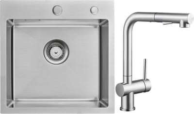 Auralum max Spoelbak Keuken 45x45cm - Spoelbakken Keuken Met Keukenkraan met Uittrekbare Uitloop - Spoelbak Met Kraangat - Wasbak Keuken - Keuken Gootsteen met Sifon en Afvoerzeefje - RVS