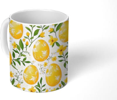 Mok - Koffiemok - Bloemen - Paaseieren - Geel - Mokken - 350 ML - Beker - Koffiemokken - Theemok