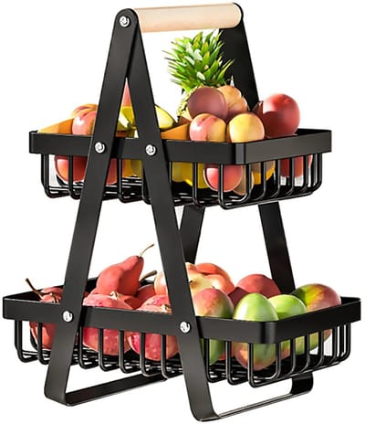 Stervia Fruitmand - Fruitschaal Etagere- Fruitmand 2 Laags - Multifunctioneel - Zwart - 21 x 17.5 x 37.5 cm