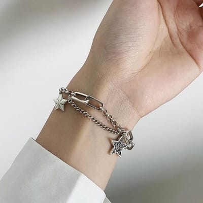 Bracelet à breloques et jonc en argent sterling 925 pour femmes, couples, vintage, simple, étoiles, zircon, bijoux de fête Sl275 beige