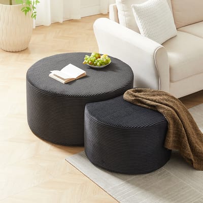 Pugsdrly Set van 2 salontafels, ronde gestoffeerde salontafels, set van 2 voor de woonkamer, moderne ronde salontafel van schuimrubber, bijzettafel, poef, geen montage nodig