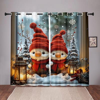 Kerstkabouter Gordijnen 2 Panelen 3D Print Zonwerend Winter Vakantie Decor Slaapkamer Woonkamer Sneeuwlantaarn Patroon Knus Feestelijk 50W60H(CM)X2PCS&Rod Pocket gray