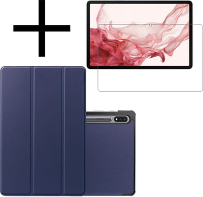 Hoes - Geschikt voor Samsung Galaxy Tab S8 - Met Screenprotector - Trifold Bookcase - Hard Cover - Hardcover Book Case - Tablet Hoesje - Donkerblauw