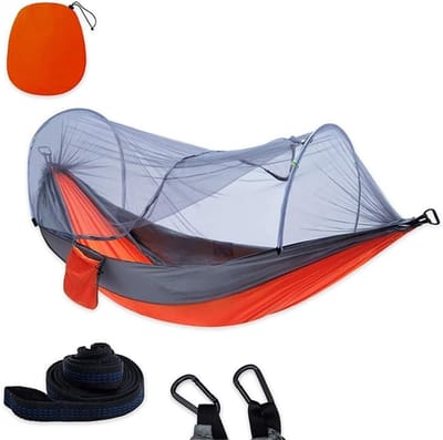 Reisbed - Hangmat - Buiten slapen - Met klamboe - 290 x 140 cm - Oranje grijs
