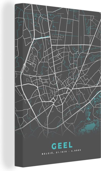 Canvas Schilderij Kaart – Plattegrond – Stadskaart – Geel – België - Grijs - 20x30 cm - Wanddecoratie