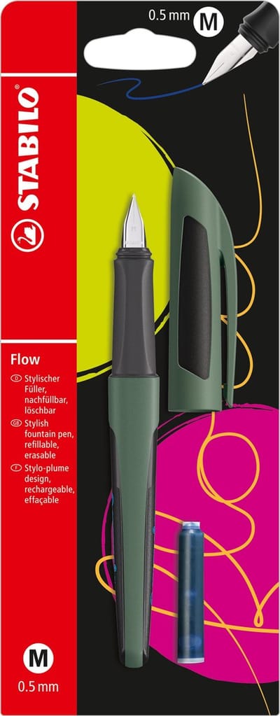 STABILO Flow Sporty - Ergonomische Vulpen - Khaki/Zwart - Incl inktpatroon - Blister