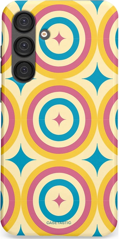 Casetastic hoesje geschikt voor Samsung Galaxy S25 Plus - Dubbellaagse bescherming - Swinging Retro Boogie Circles - Fashion Case - Crème Goud Lichtblauw Koraal