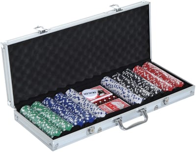 Luxe Pokerset, met 500 pokerfiches 2 kaartspellen 5 dobbelstenen, aluminium koffer 55,5 x 22 x 6,5 cm, voor pokeravonden en spelletjesavonden