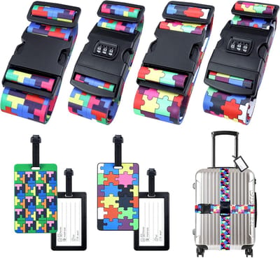 Famanu – Kofferriemen met cijferslot + 4 kofferlabels met adresplaat - kofferriemen - kleurrijke bagageriem - reisaccessoires - verstelbare multifunctionele bagageriem - kofferband - riem 200 x 5 cm - puzzel