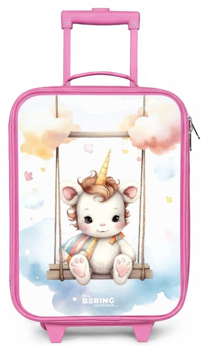 NoBoringSuitcases.com® - Kinderkoffer roze - Kindertrolley meisje - Schommelende baby eenhoorn - Koffer kind lichtgewicht - Reiskoffer trolley voor kinderen - Koffertje met lichtgevende wieltjes - Rolkoffer