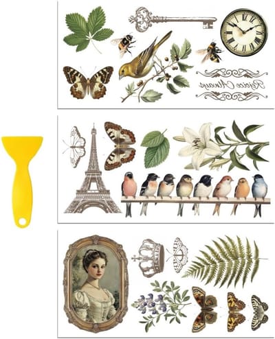 Rub on Transfers voor Creatieve Projecten, 3 Stuks, Vintage Elementen, 6"x12", Waterdicht Meubeltransfer voor Lades, Sideboards, Glas, Porselein, Hout en Plastic