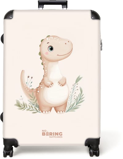 NoBoringSuitcases.com® - Koffer groot - Reiskoffer lichtgewicht - Beige dinosaurus met groene blaadjes - Rolkoffer met 4 wielen - Grote trolley XL - 98 liter bagage