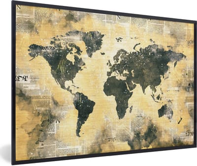 Poster in lijst - Fotolijst 90x60 cm - Posters - Wereldkaart - Grijs - Krant - Posterlijst zwart - Decoratie - Wanddecoratie woonkamer - Muurdecoratie slaapkamer