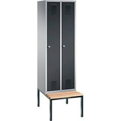Kapstok Evolo S 3000, staal, met zitbank eronder gebouwd, 2 compartimenten allebei met B 300 mm, cilinderslot, blank aluminium RAL 9006/antraciet RAL 7016