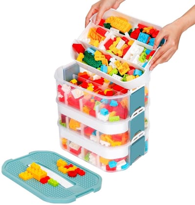IMstore - Storage Organizer - Lego Opbergdoos - Innovatieve Bouwbasisdeksel - Blauw - Speelgoedopslag - Ideaal voor Kinderen - 3 Laags met Comparti...