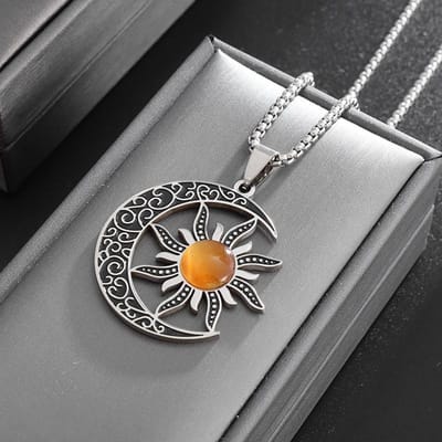 Pas de Décoloration Soleil et Lune Cadre Pendentif Bijou Acier Inoxydable Mode Luxe Léger Protection de la Couleur Collier Acier Titane black