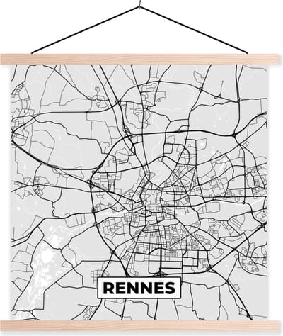 Posterhanger incl. Poster 40x40 cm - Schoolplaat - Kaart - Stadskaart - Frankrijk - Rennes - Plattegrond - Textielposter - Blanke latten - Stadskaart