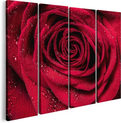 Artaza Canvas Schilderij Vierluik Rode Roos Met Waterdruppels - Bloem - 160x120 - Groot - Foto Op Canvas - Canvas Print