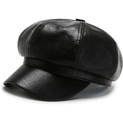 Herfst en Winter Trendy PU Leer Achthoekige Hoed Baret Outdoor Winddicht en Warme Zonnehoed Modieuze Casual Baseballpet one size black