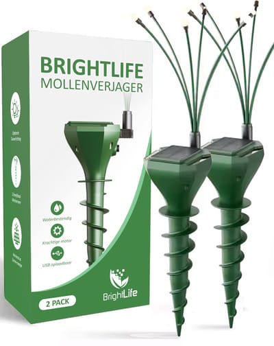 BrightLife Mollenverjager op Zonne-energie – Geluidloos – 3 Effectieve Verjaagvibraties – Mollenbestrijding – Diervriendelijk – 2 stuks